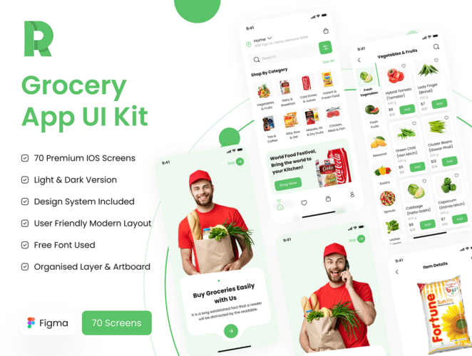 Grocery App UI Kit 70屏蔬果零食超市电商app用户界面设计绿色ui套件模板