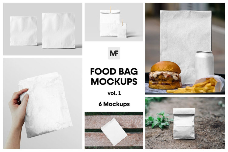 Paper Food Bag Mockups Packaging vol.1 6款纸质外卖打包食品袋模型品牌包装设计贴图ps样机素材