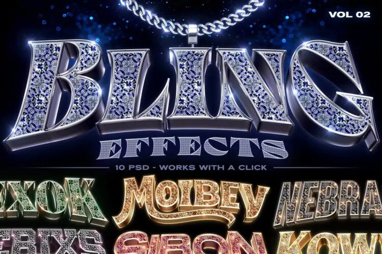 Bling Bling Text Effects Vol.2 10款嘻哈吊坠潮牌3D金属立体满钻水晶字母项链特效字ps样机模板