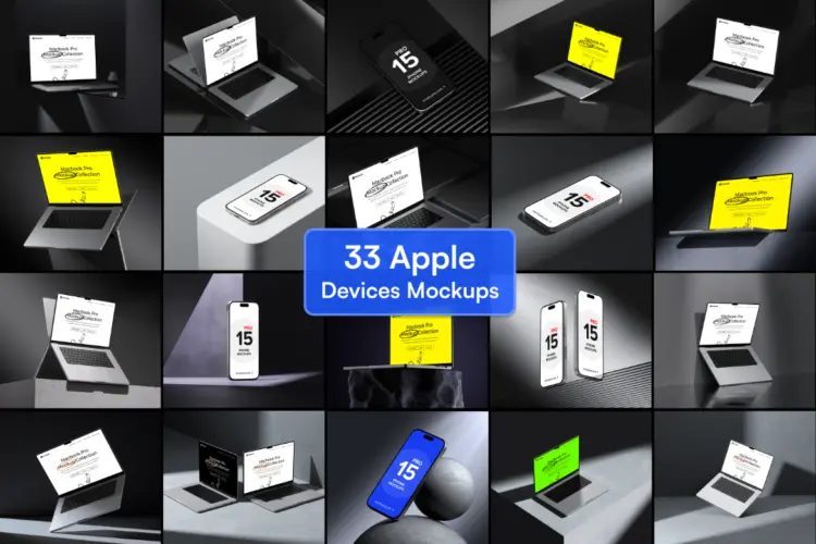 Apple Devices Mockups Bundle 33款工业风iPhone手机Macbook笔记本电脑展示效果图ps样机合集