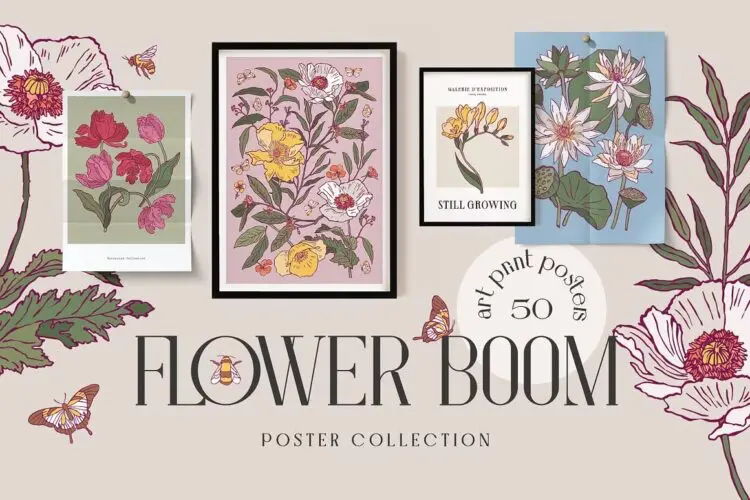 Flower Boom Prints Posters 现代装饰艺术手绘植物花卉鲜花插图插画海报设计ai矢量素材源文件