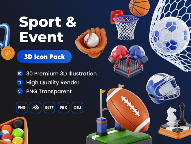 Sport & Event 3D Asset 30款3D卡通运动锻炼竞技体育赛事项目插画图标png免抠图片素材