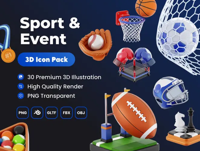 Sport & Event 3D Asset 30款3D卡通运动锻炼竞技体育赛事项目插画图标webp免抠图片素材