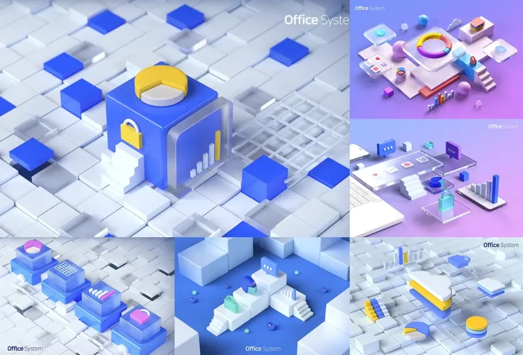 Office System 17款3D玻璃简约办公图标科技玻璃区块数据场景3D立体海报PSD设计