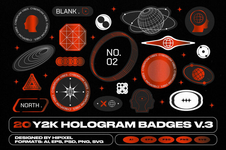 Y2K Hologram Badge Stickers V.3 复古Y2K全息标识徽章拼贴纸Ps分层Ai矢量设计素材