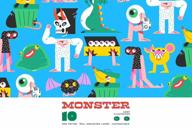 Purple Flat Cute Monster Asset Illustration 手绘扁平趣味卡通可爱怪物插图插画Ai矢量设计素材