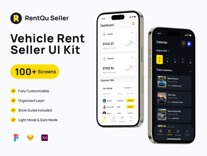 RentQu Seller – Car Rental Seller UI Kit App 100多屏双配色汽车租赁卖家 UI 套件应用程序