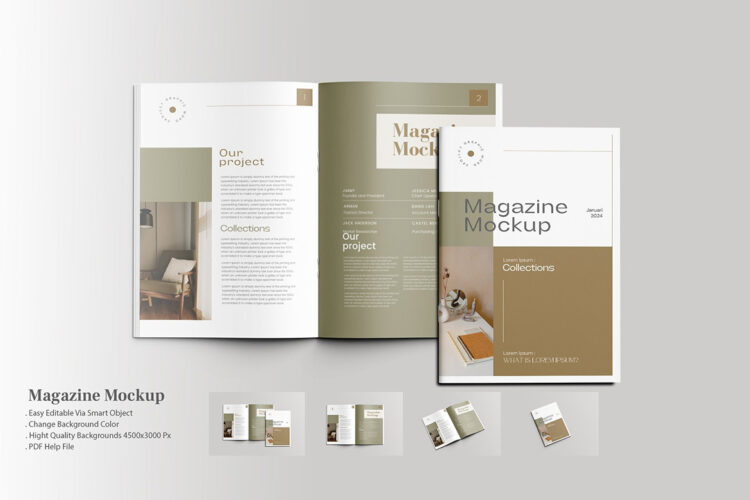 Magazine Brochure Mockup A4 4款A4软面宣传册杂志模型封面内页展示设计贴图ps样机素材