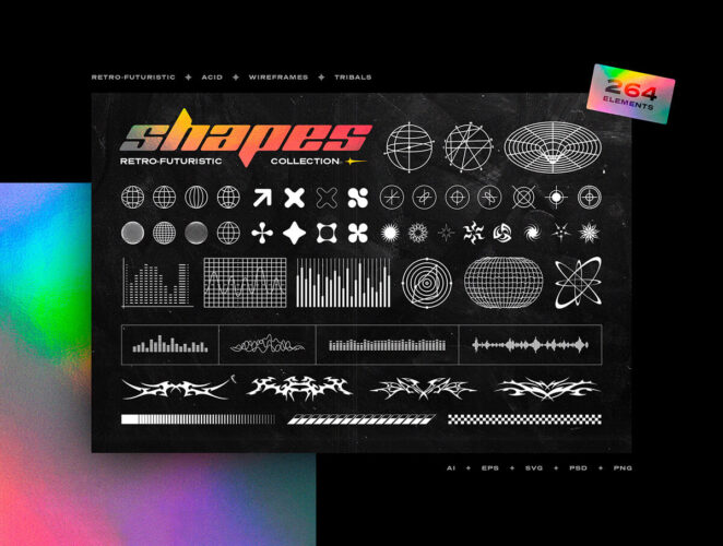 Retro-Futuristic Shapes Collection 264款复古科幻艺术抽象扭曲线性几何图形矢量平面设计素材