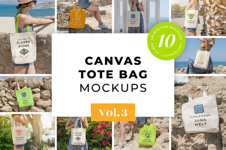 Canvas Tote Bag Mockups Pack Vol. 3  10款女模特帆布包环保袋手提袋街拍印花图案设计贴图ps样机素材