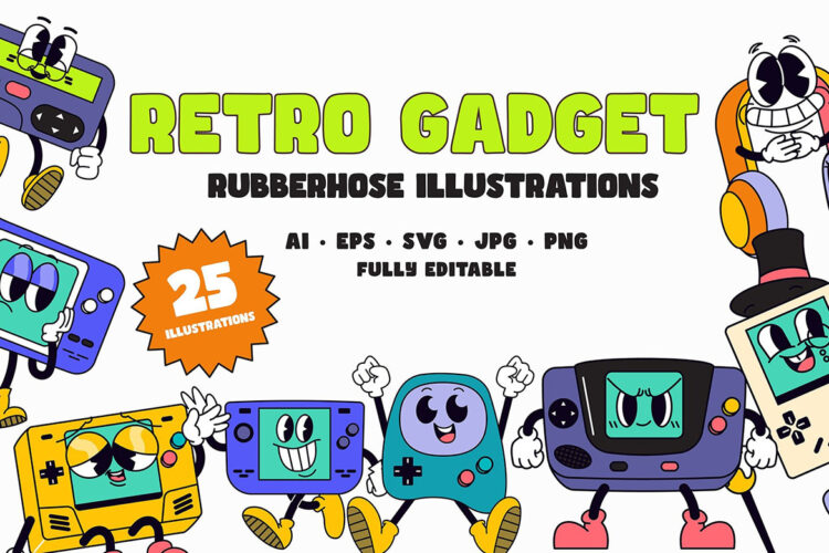 Retro Gadget Illustrations 25款扁平化复古怀旧数码科技游戏卡通人物形象插图插画ai设计素材