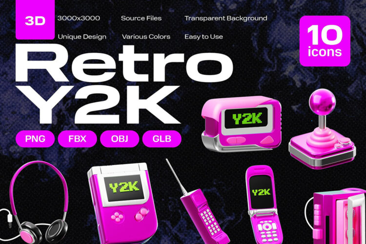 Retro Y2K 3D Icon Set 20款Y2K复古3D数码产品游戏机潮流插图插画png免抠图片素材