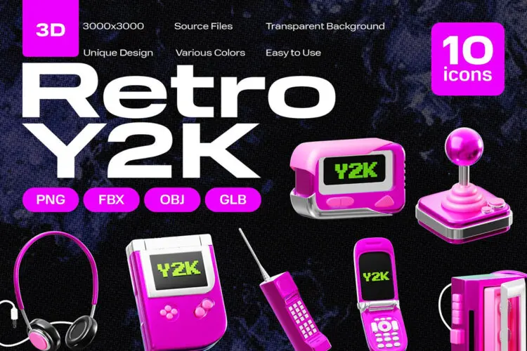 Retro Y2K 3D Icon Set 20款Y2K复古3D数码产品游戏机潮流插图插画webp免抠图片素材