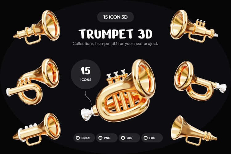 Trumpet Music Equipment 3D Icon Set 15款金色小号乐器插图插画3D图标icon设计素材png免抠图