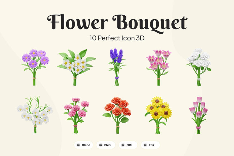 Flower Bouquet 3D Icon 10款鲜花花束3D插图插画图标icon设计素材png免抠图片