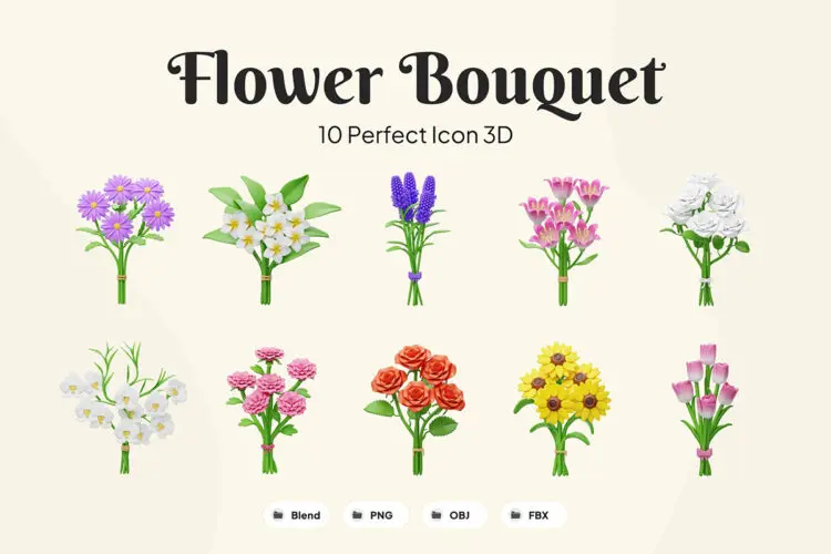 Flower Bouquet 3D Icon 10款鲜花花束3D插图插画图标icon设计素材webp免抠图片