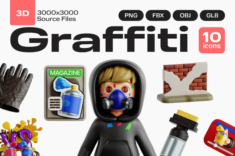 Graffiti 3D Icon Set 30款墙体彩绘涂鸦绘画工具油漆画笔面罩插图3D图标icon设计素材