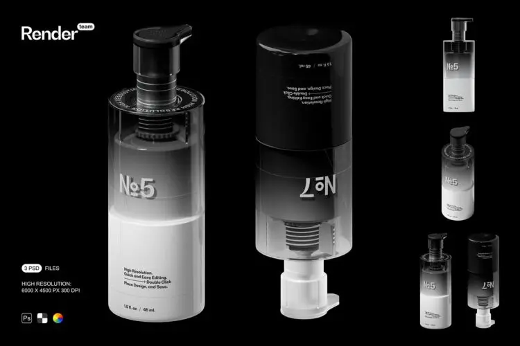 Dispenser Bottle Mockup 3款美容护肤按压泵瓶乳液分装瓶产品包装设计ps样机展示效果图