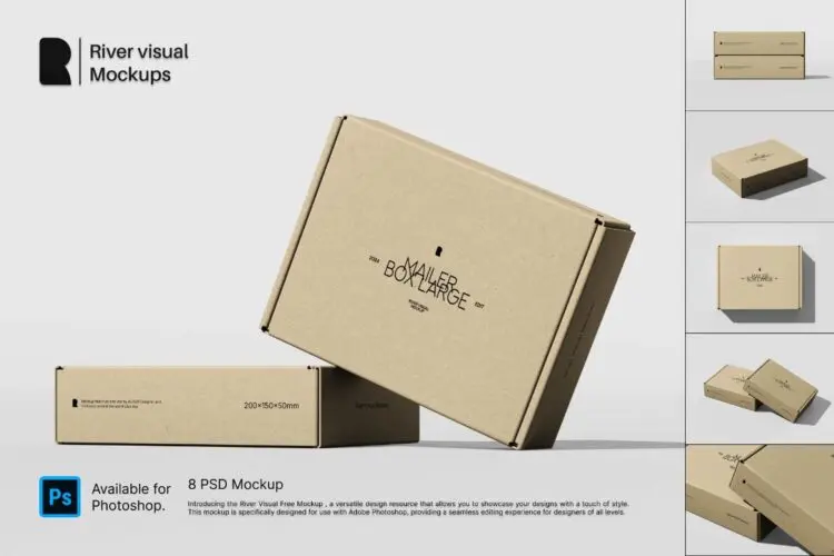 Mailer Box Large Size Packaging Mockup 8款长方形物流快递运输飞机盒纸盒包装设计ps样机素材展示效果图