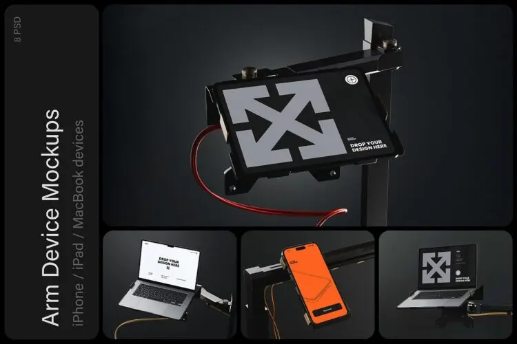 Arm / Apple Device Mockups 8款工业风机械摇臂iPhone手机iPad平板Macbook笔记本电脑ps样机