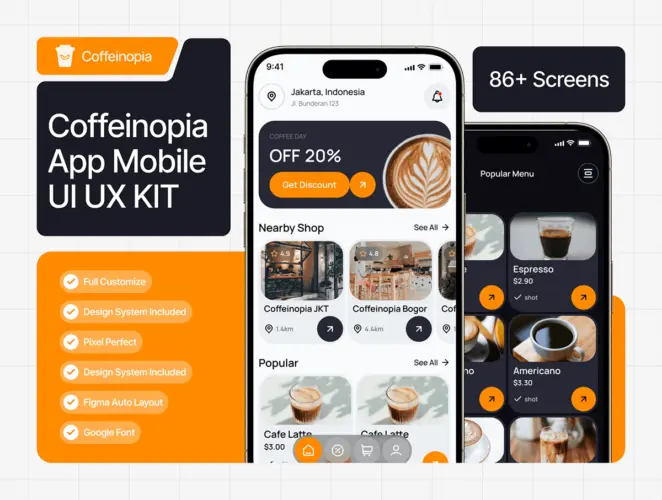 Coffeinopia – Coffe Shop App Mobile UI UX 双配色全套时尚咖啡店外卖在线点单账户管理App应用ui界面设计fig模板