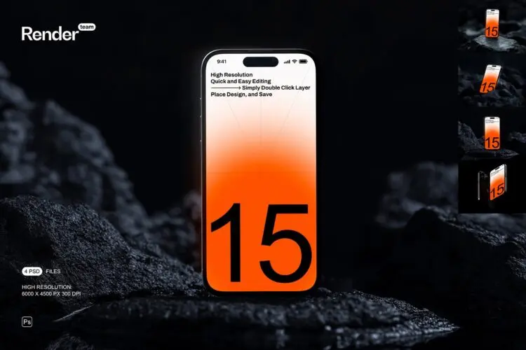 iPhone 15 Pro Mockup 4款暗黑岩石工业风iPhone15手机ui应用设计作品展示效果图ps样机