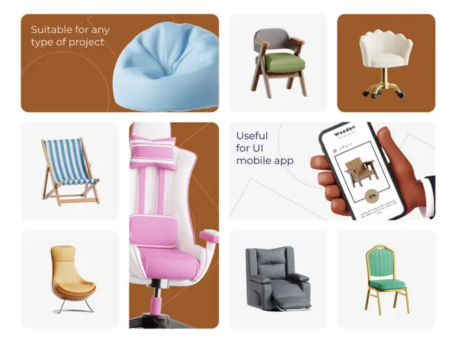 Chairs 3D Icon Set 30款3D单人椅办公椅折叠躺椅餐椅懒人沙发椅子webp免抠图片素材