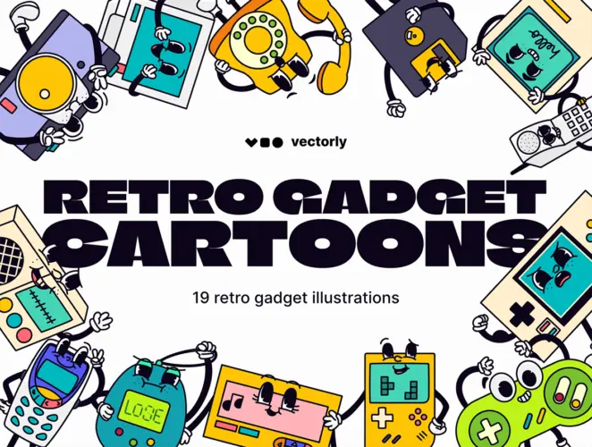 Retro Gadget Cartoons Illustrations 19款扁平化复古怀旧数码科技游戏卡通人物形象插图插画ai设计素材