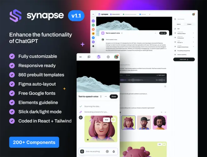 Synapse – AI UI Kit + React 双配色AI人工智能聊天机器人App应用程序ui套件Fig界面设计模板
