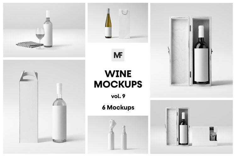 Bottle Mockups vol.9 – Wine Bottles 葡萄酒红酒礼品袋酒标品牌设计作品贴图ps样机素材展示效果模板