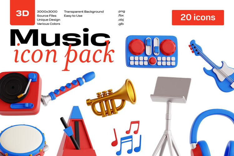 Music 3D Icon Set 20款音乐教学工作室乐器主题3D图标icon设计素材