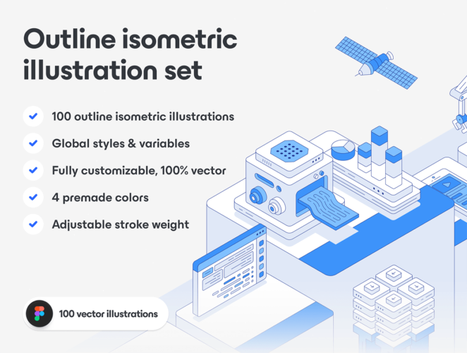 Outline Isometric Illustration Set for Figma 100款现代科技技术3D等距云服务区块链网络软件硬件托管Figma矢量插画插图