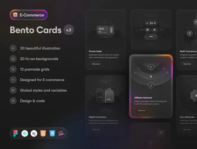 Bento Cards E-commerce 高级独特电子商城网站WEB UI界面设计Figma模板+React HTML + CSS源码素材