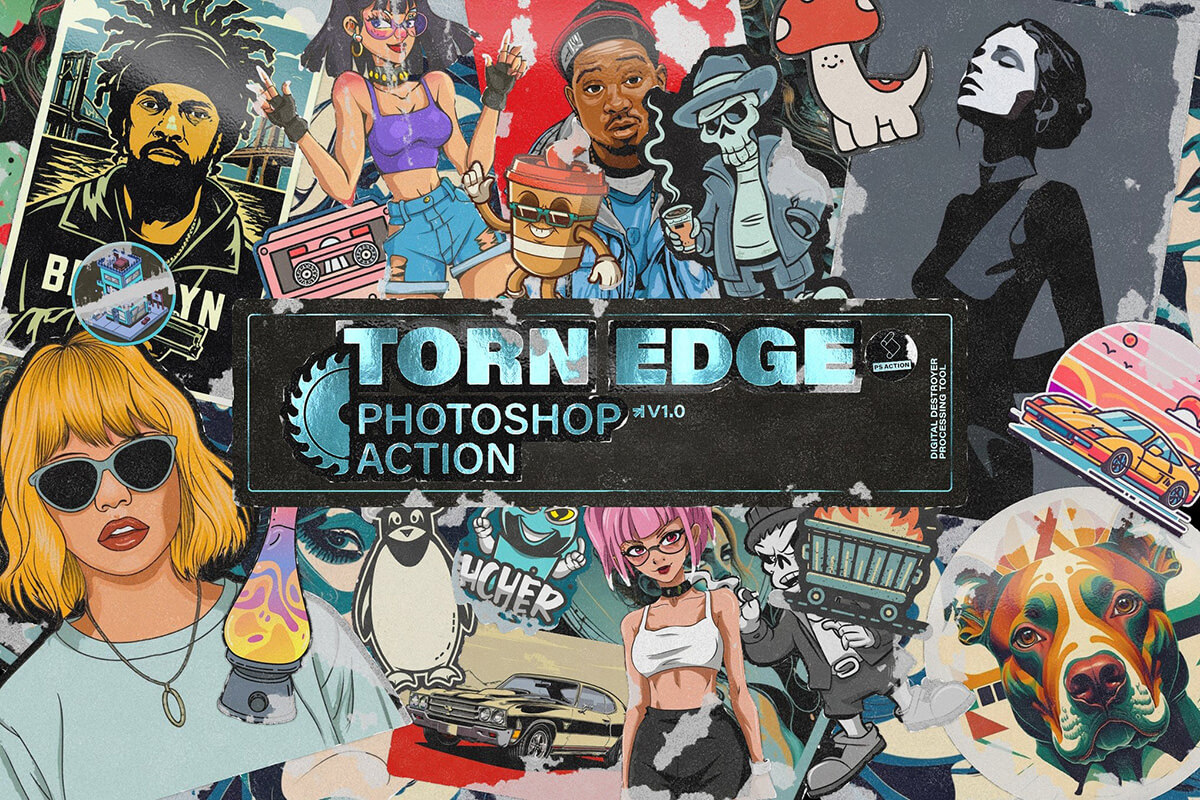 Torn Edge Sticker Poster Photoshop Action 做旧磨损毛边街头艺术撕边拼贴纸海报肌理ps动作插件特效预制模板