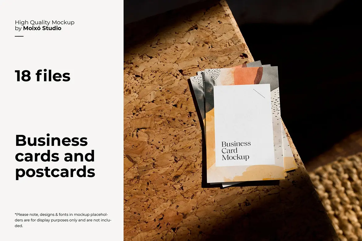 Business Cards and Postcards Bundle 18款文艺光影名片卡片明星片ps样机素材设计作品场景展示效果图