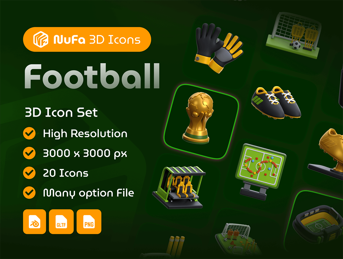 3D Football Icon Set 20款3D立体卡通足球赛事世界杯足球场png免抠icon图标设计素材