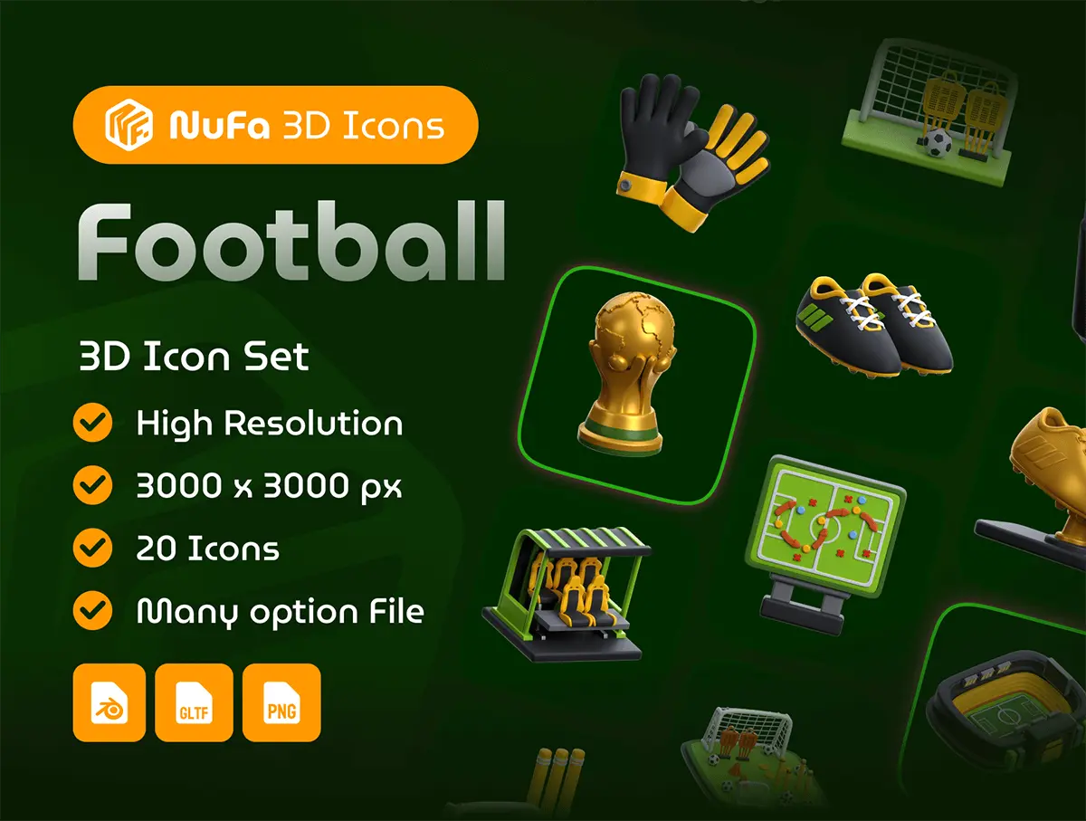 3D Football Icon Set 20款3D立体卡通足球赛事世界杯足球场webp免抠icon图标设计素材