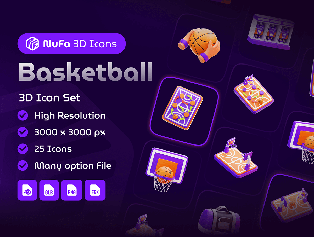 Basketball 3D Icon Set 25款3D立体卡通篮球比赛NBA篮球球衣png免抠icon图标设计素材