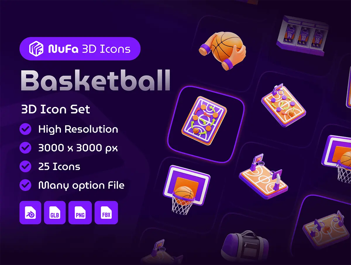 Basketball 3D Icon Set 25款3D立体卡通篮球比赛NBA篮球球衣webp免抠icon图标设计素材