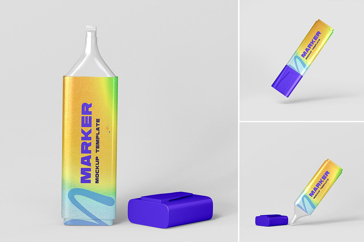 Highlighter Marker Pen Branding Mockup Set 荧光笔笔身logo标识设计贴图ps文具样机素材国外设计模板