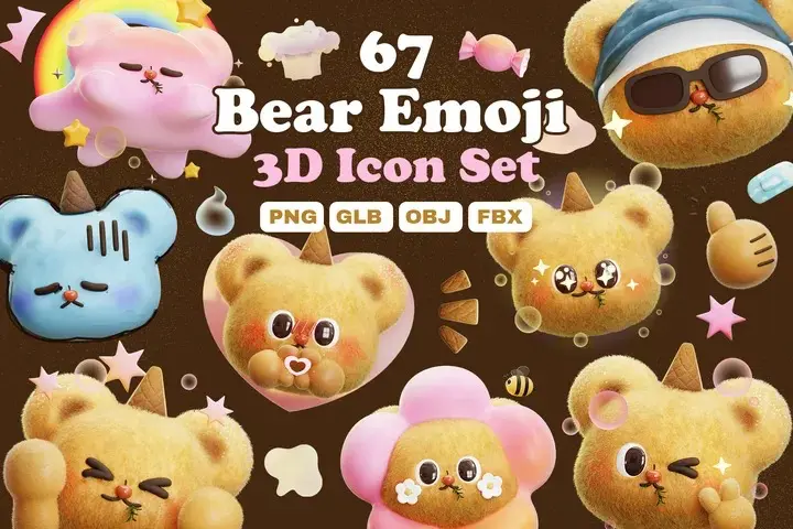 Bear Emoji With Decoration 3D Icon Pack 67款3D可爱趣味卡通毛绒玩具小熊表情PNG插画模型设计套装素材