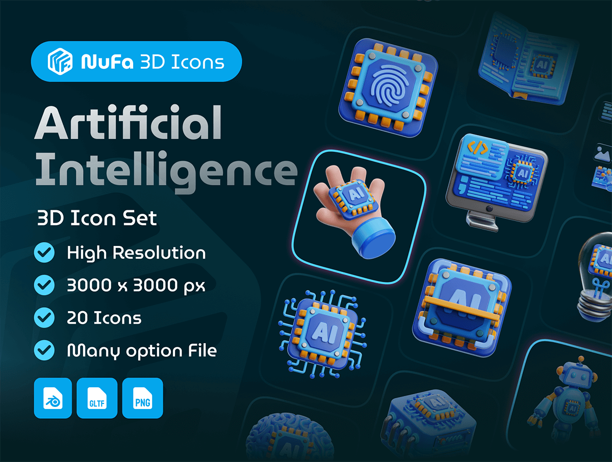 3D Artificial Intelligence Icon Set 20款高级AI人工智能芯片大脑3D插图图标Icons设计Blender/PNG格式素材