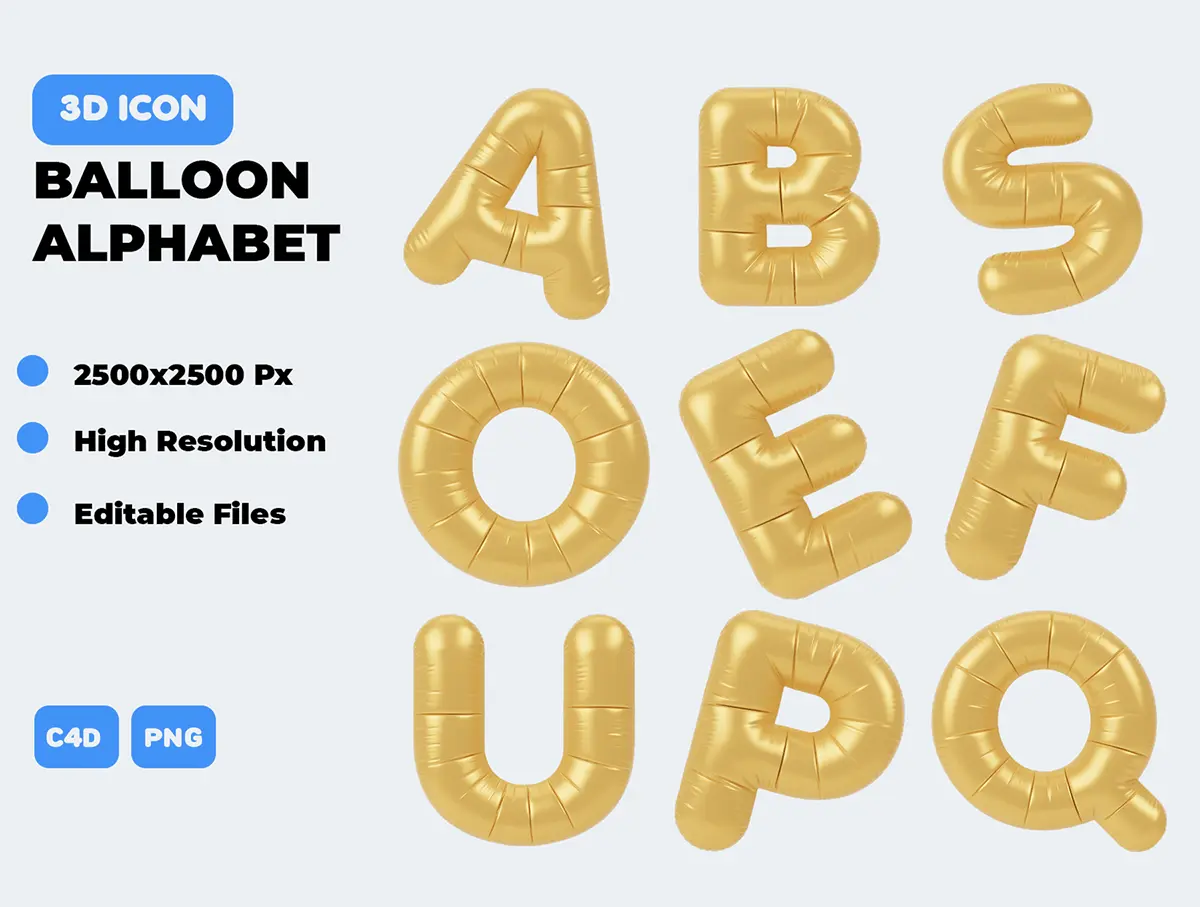 Balloon Alphabet 3D Icon Pack 56个3D趣味充气膨胀塑料英文字母PNG插画icon图标C4D模型设计素材