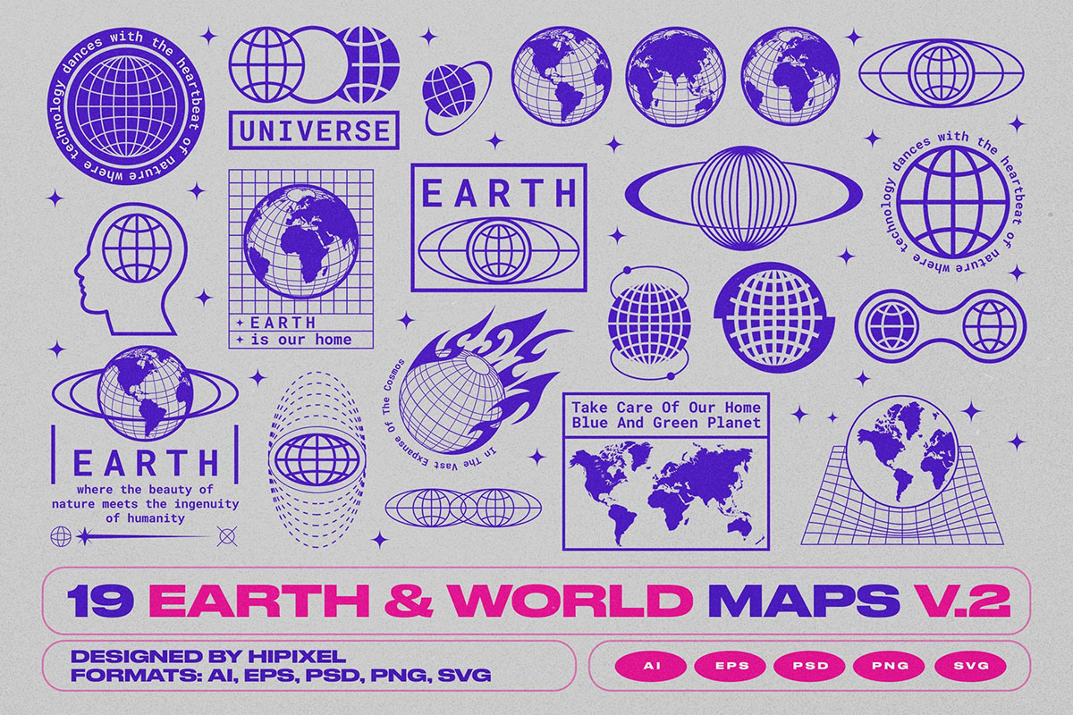 Earth & World Maps & Icons V.2 19款地球世界地图icon图标logo徽标AI矢量图形插画