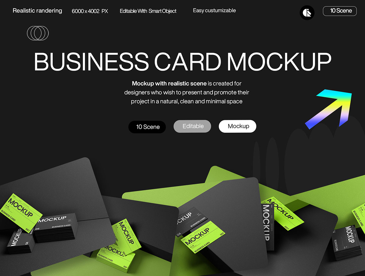 Black and Green Business Card Mockup Template 现代黑色和绿色名片模型模板展示效果样机