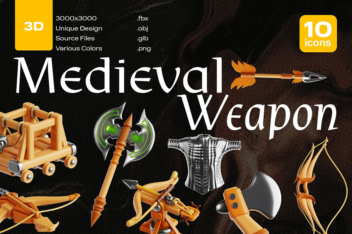 Medieval Weapon 3D Icon Set 30款3D趣味卡通游戏装备武器PNG插画插图icon图标OBJ模型