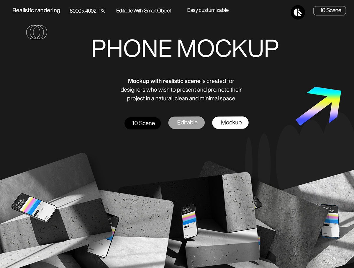 Realistic Smartphone Mockup with Gradient Screen on Concrete Background 混凝土背景上具有渐变屏幕的逼真智能手机模型