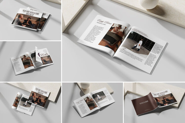 Square Magazine Mockup 方形软面杂志宣传册模型封面封底内页布局设计贴图ps样机素材模板