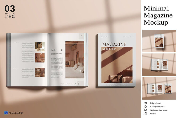 Minimal Magazine Mockup 杂志书刊宣传册模型封面内页展示设计贴图ps样机素材