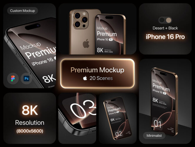 Premium iPhone 16 Pro Mockup 20款苹果iPhone 16 Pro手机广告ui设计作品展示效果图ps样机素材